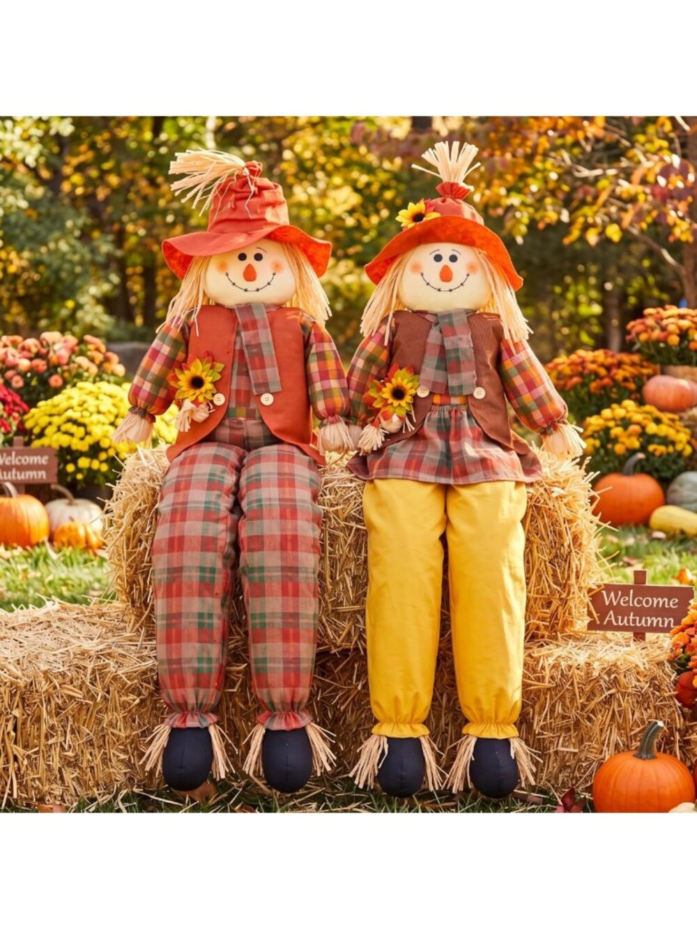 2 Pack 60" Large Fall Sitting Scarecrow Decor for Thanksgiving Home Decor